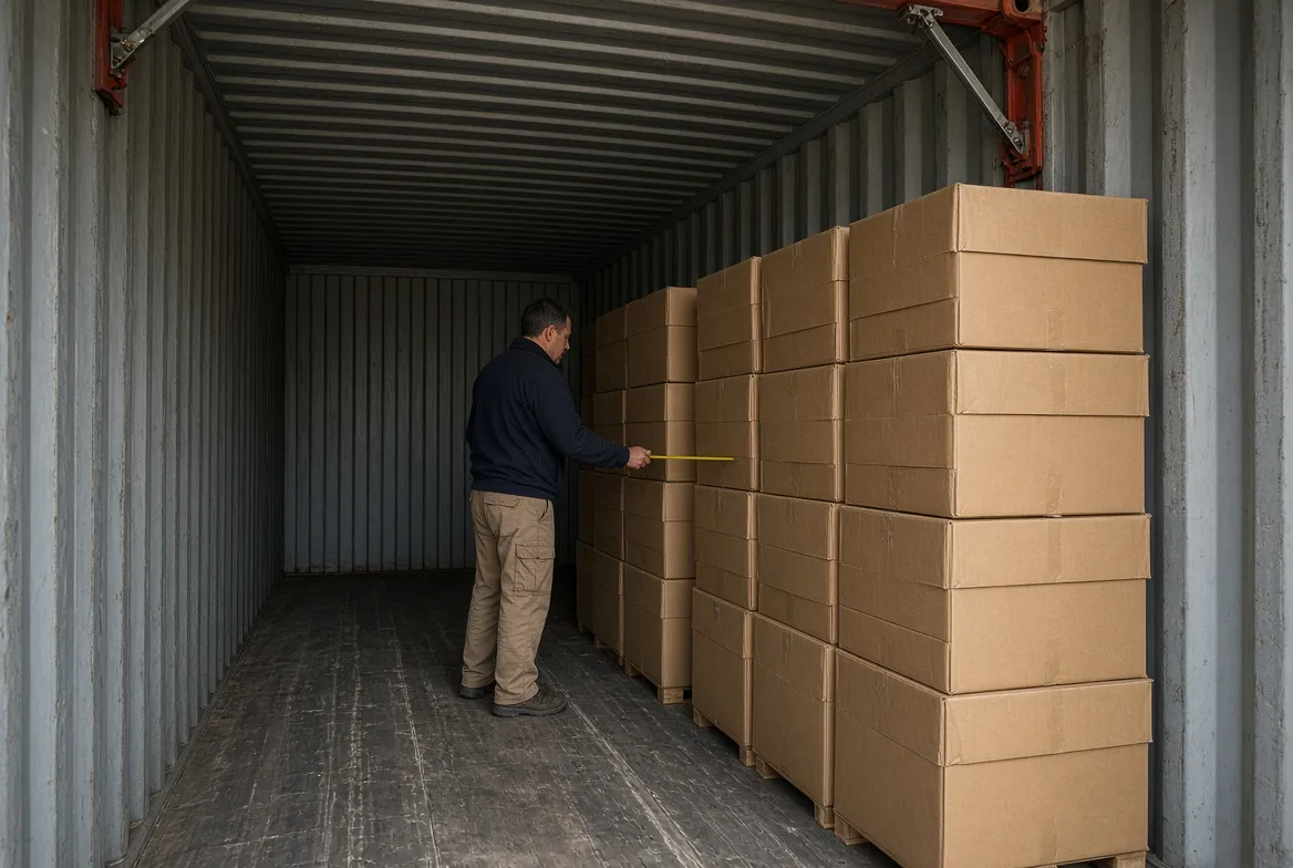 A worker measuring stacked cartons against the wall of a shipping container to verify the practical loading count