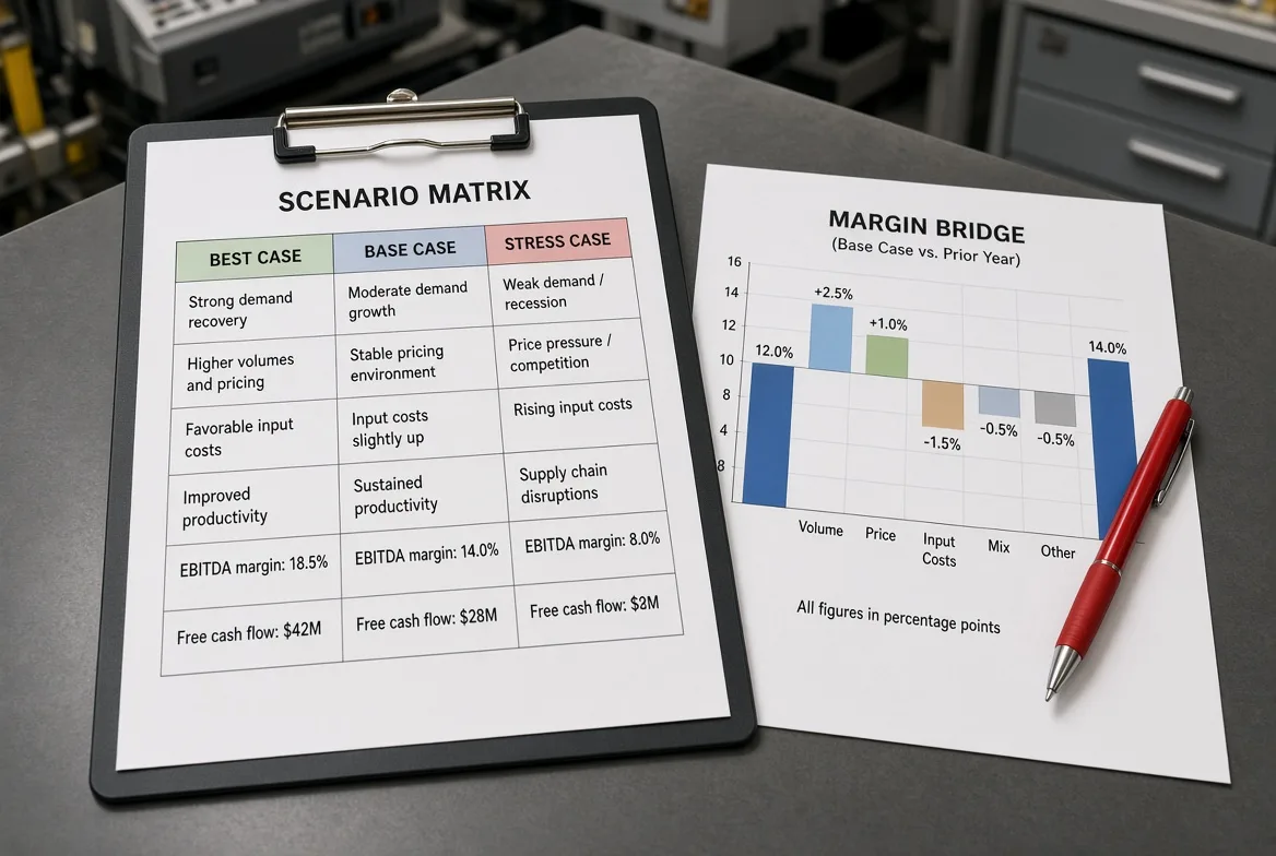 A scenario matrix sheet showing best, base and stress cases beside a margin bridge chart on a workbench