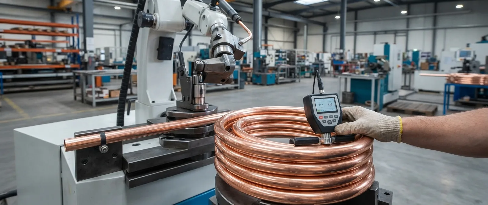 OFHC copper tube being cut and coil-bent with an internal mandrel