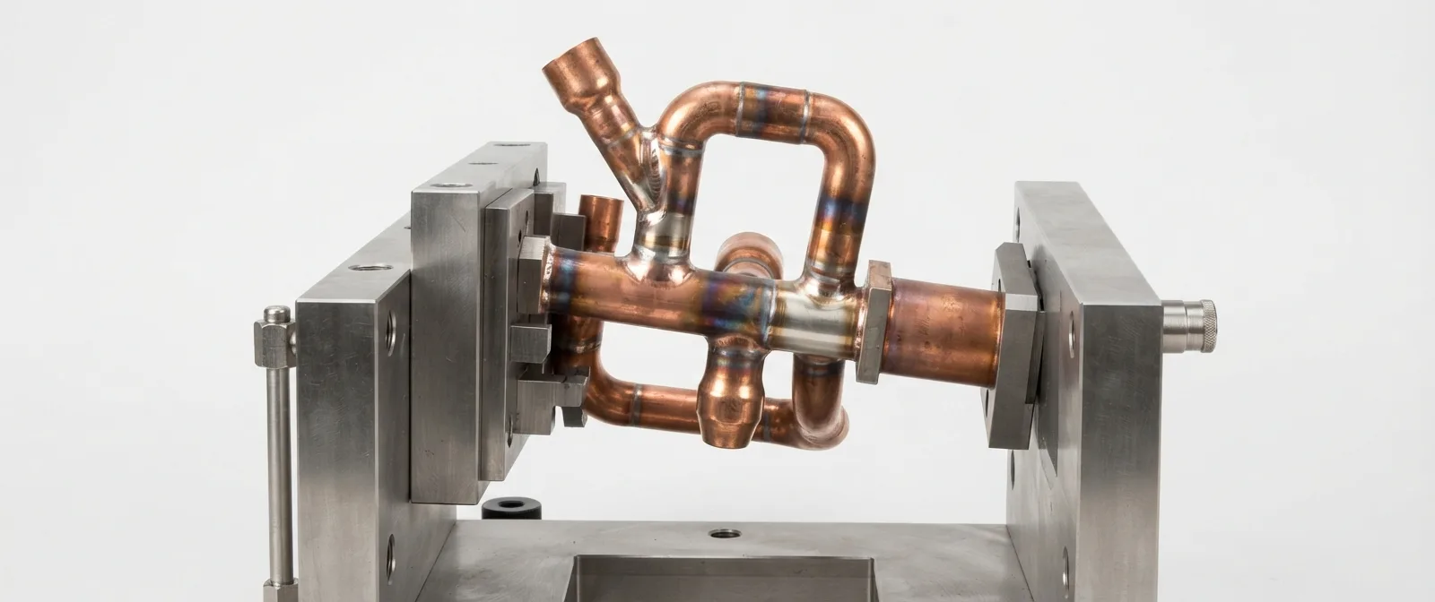 OFHC copper exchanger loaded into a brazing fixture before the furnace cycle