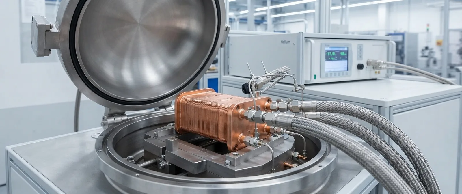 Helium mass-spectrometer leak test station with the tracer gas connected to a sealed exchanger