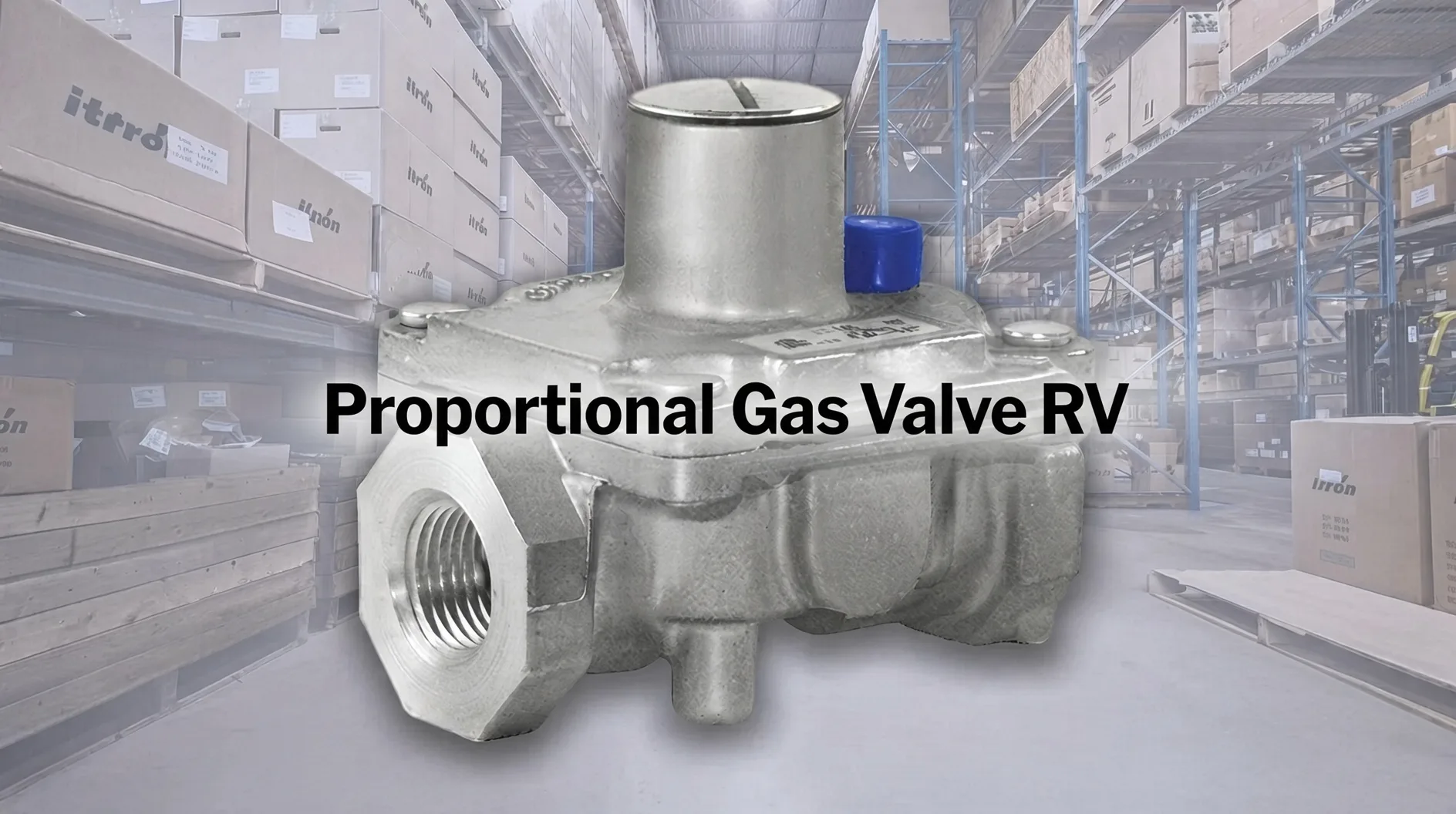 A proportional gas valve for an RV water heater shown against a warehouse of palletised gas-valve stock