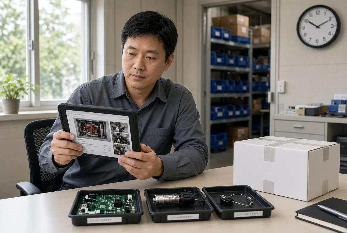 A service coordinator reviewing a parts documentation screen beside three sorting trays of control boards, valves and connectors, a packed carton ready for dispatch