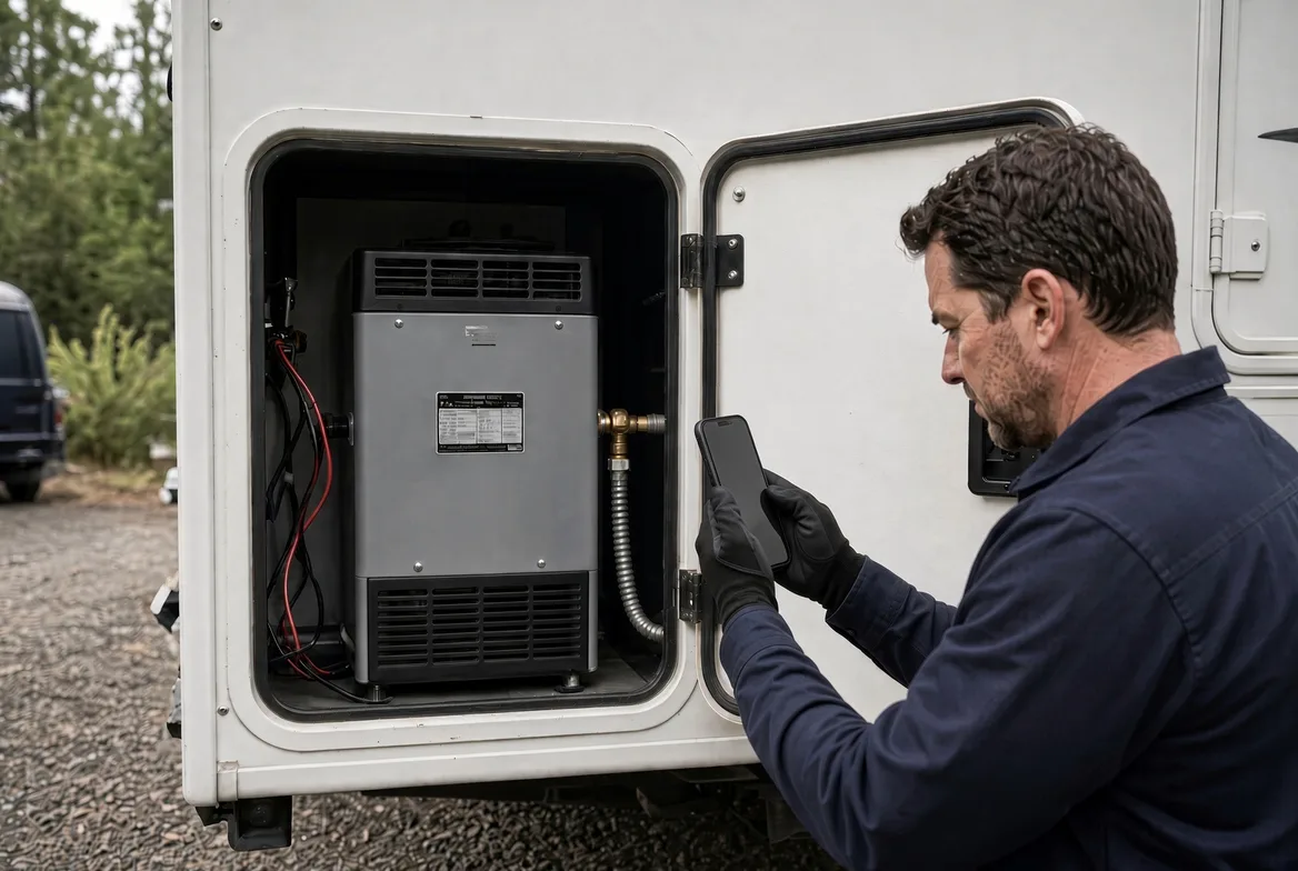 A technician in a navy work jacket photographing a wall-mounted RV water heater unit through an open exterior access door, capturing the unit label and fault condition on a phone