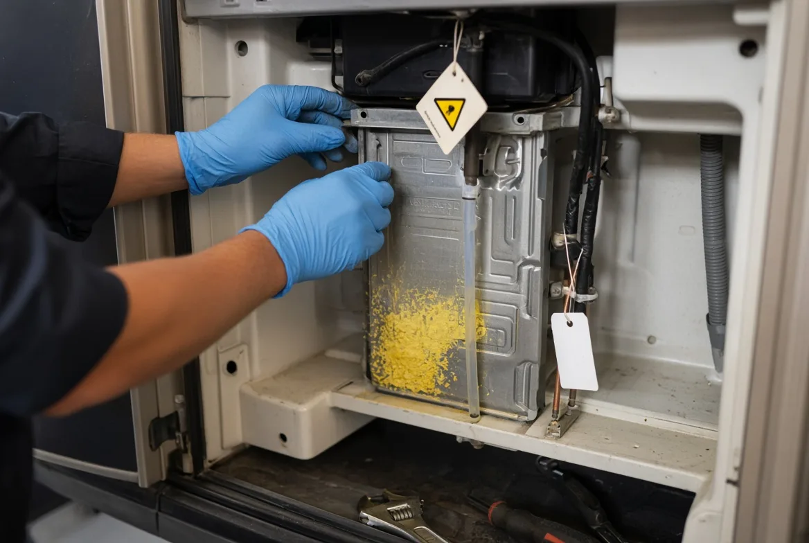 A technician in blue gloves holding a yellow warning tag over an RV refrigerator cooling unit showing powdery yellow residue during triage