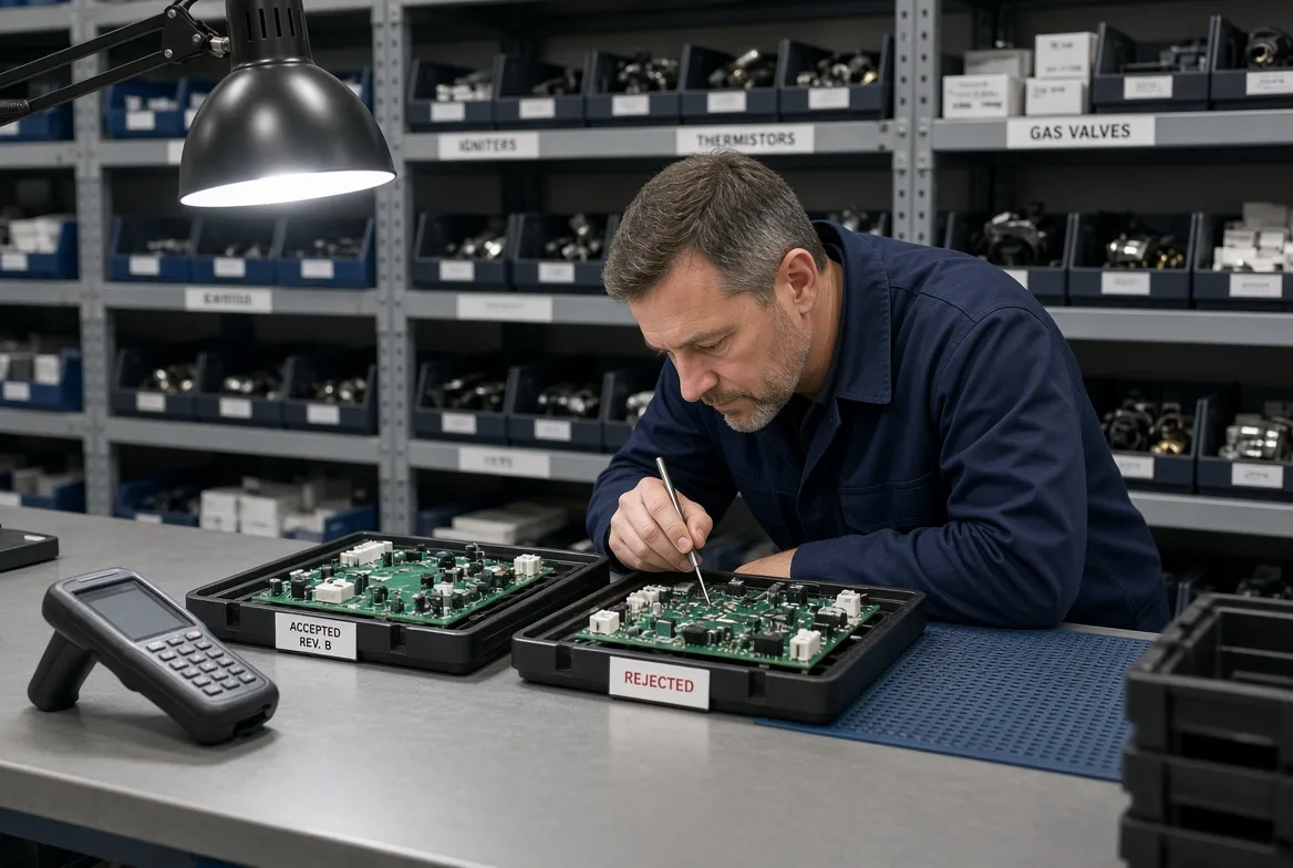 A warehouse technician inspecting a control board under a bench lamp with an ACCEPTED tray and a REJECTED tray beside a handheld barcode scanner