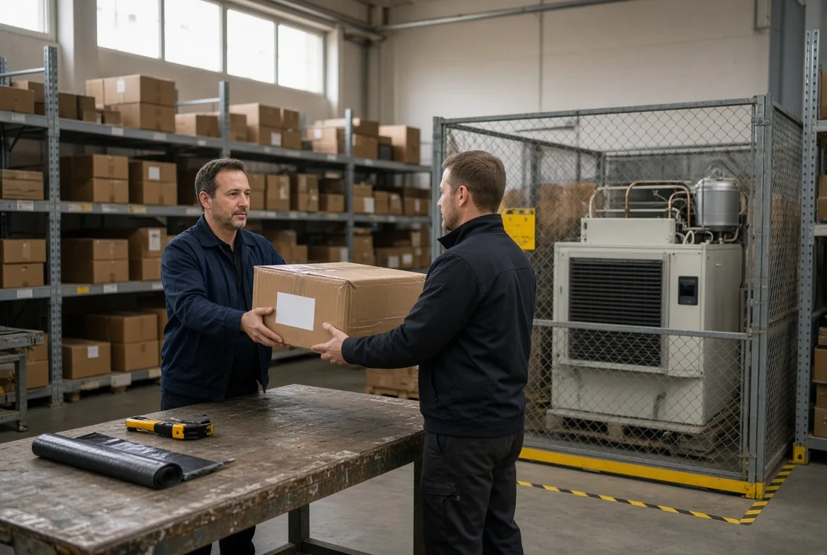 Two warehouse staff handing over a sealed parts carton on a packing bench, with a barricaded cooling unit core store behind them