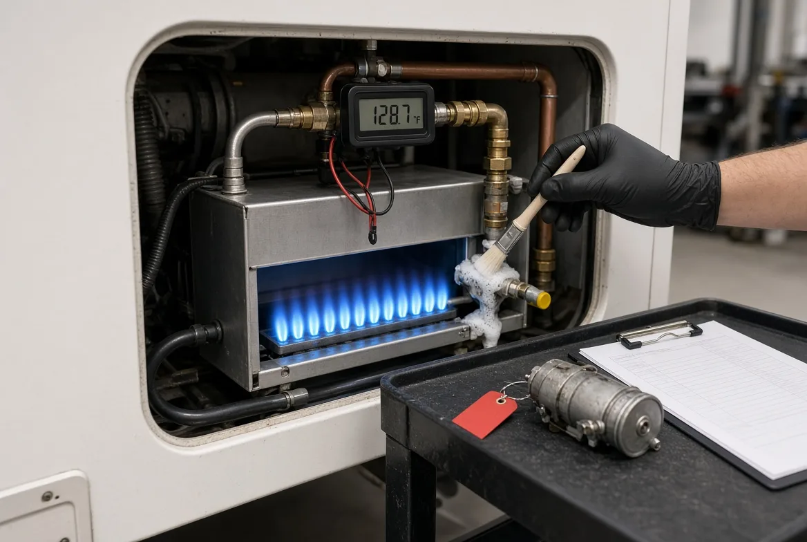 A technician performing a leak test and live flame test on an RV water heater with a digital temperature probe reading 128.7F and a tag attached on the tray