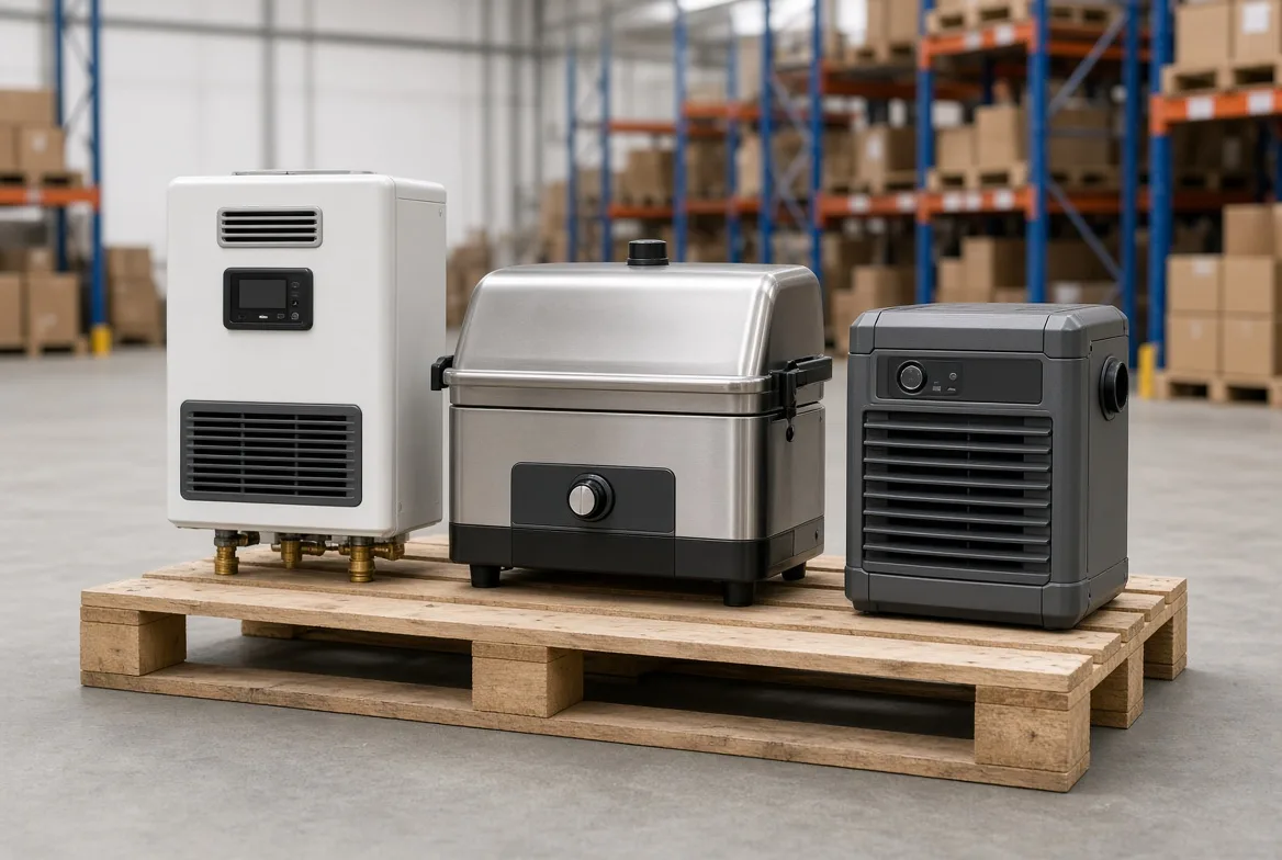 A white RV water heater, a stainless gas grill and a grey heater unit loaded on one pallet, the appliance bundle an OEM consolidates under a single contract