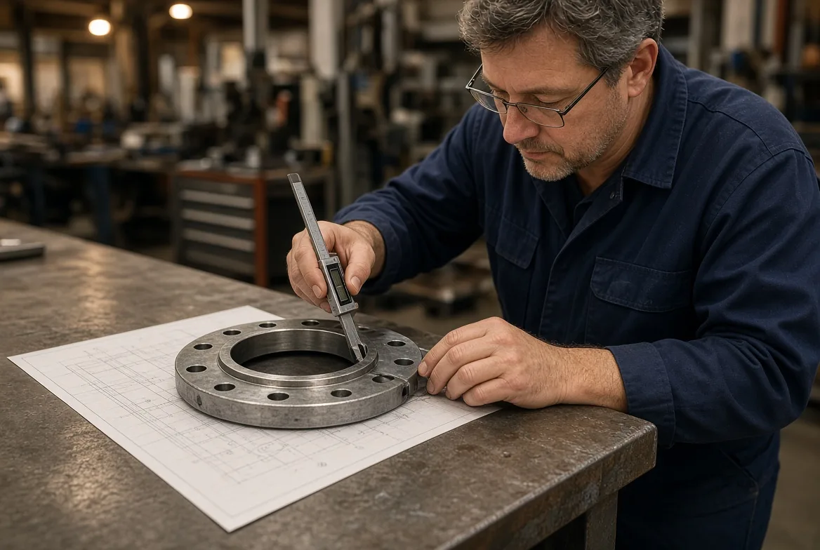 A technician measuring a machined heater flange with a caliper against an engineering drawing on a workbench