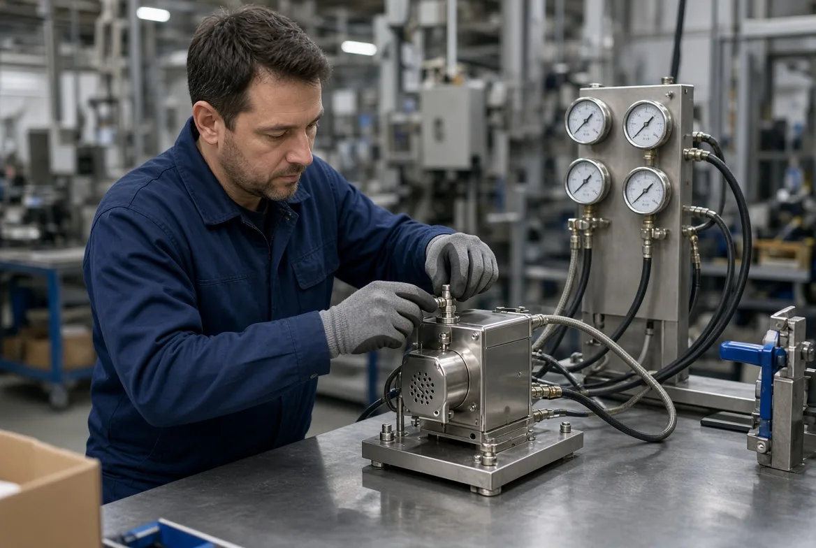 A technician in gloves running a pressure and leak test at a multi-gauge test station before container loading