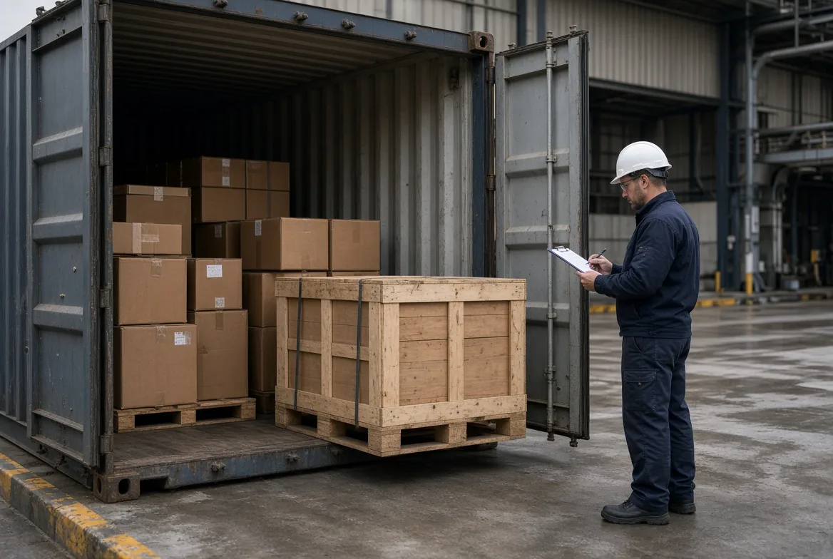 A loading manager checking a mixed pallet of cartons and a crate against a clipboard at an open shipping container