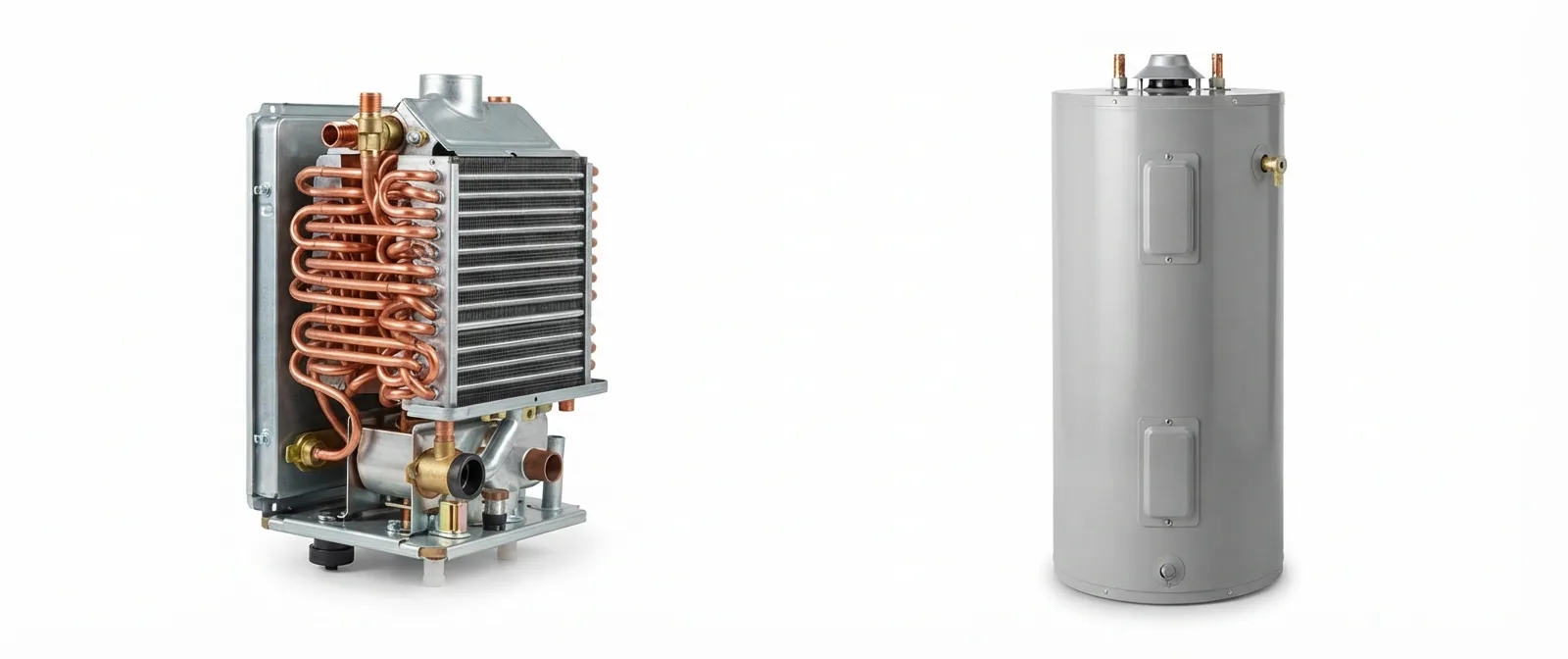 A stored-tank water heater cylinder beside an on-demand heat-exchanger core — the two RV architectures