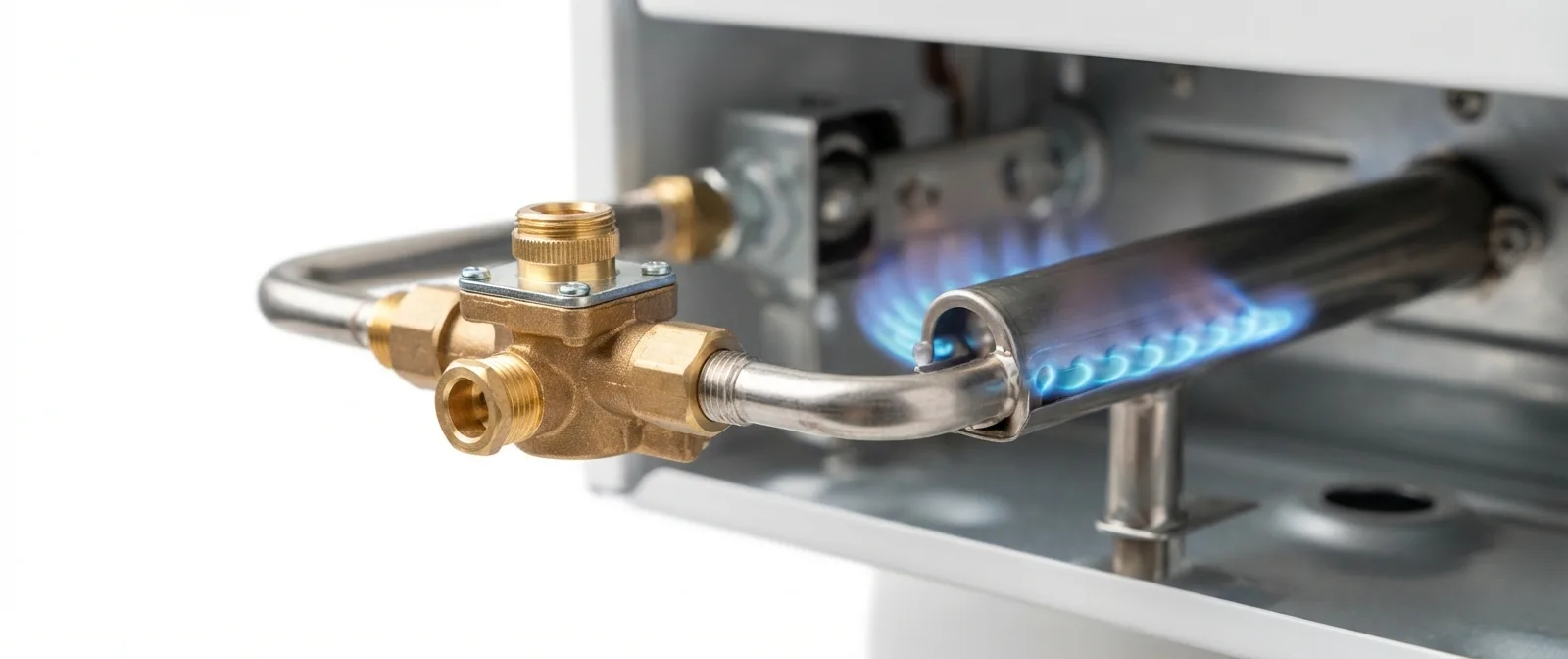 A burner tube firing a blue LP-gas flame inside the combustion chamber, fed through a brass gas valve