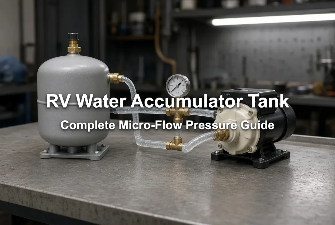 RV water accumulator tank: a pre-pressurized buffer tank plumbed to a 12V water pump and a pressure gauge on a workshop bench