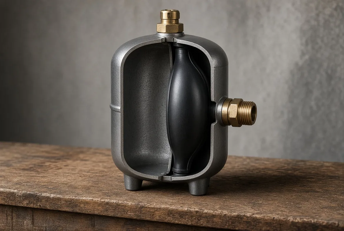 A cutaway of an RV water accumulator tank showing the black butyl bladder inside the steel shell and the brass Schrader valve and port