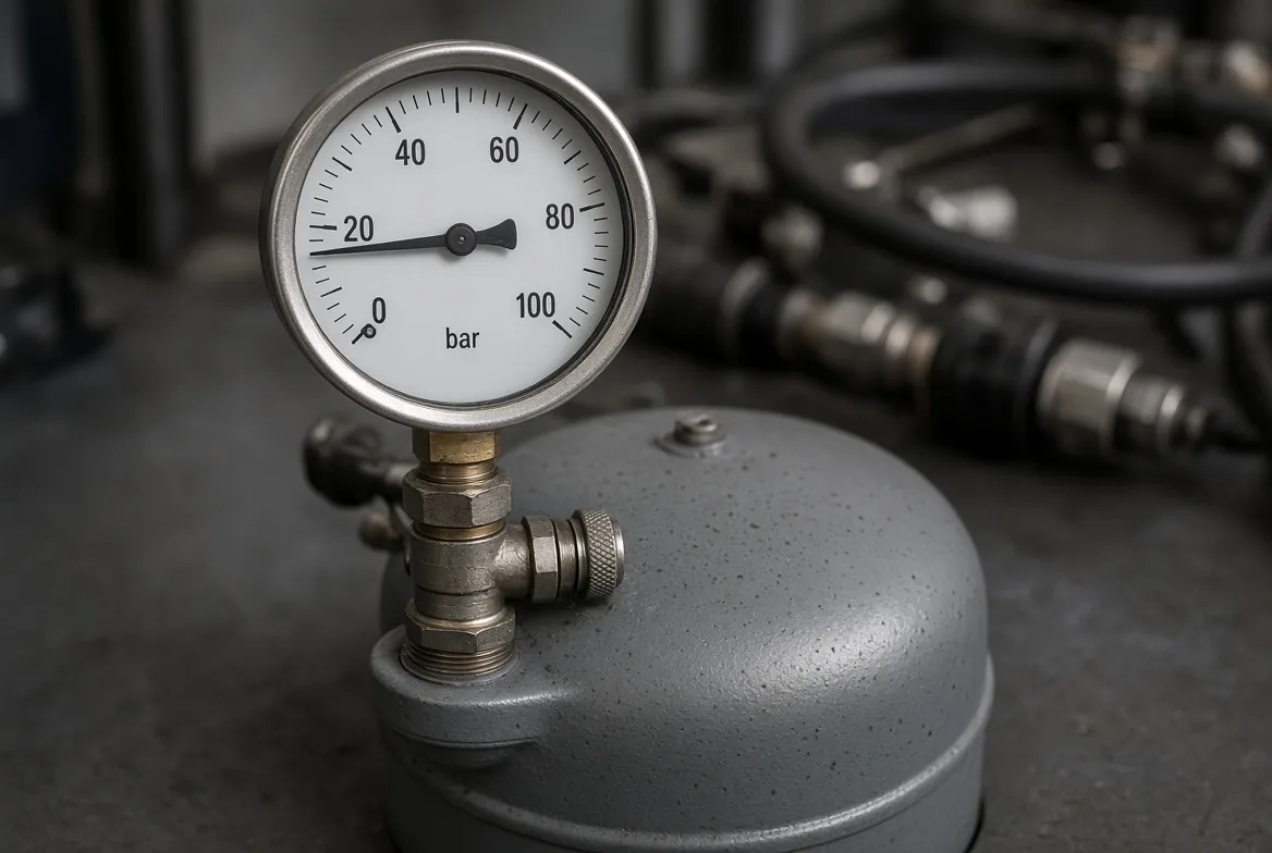 A dial gauge fitted to the Schrader valve of an accumulator tank during pre-charge calibration