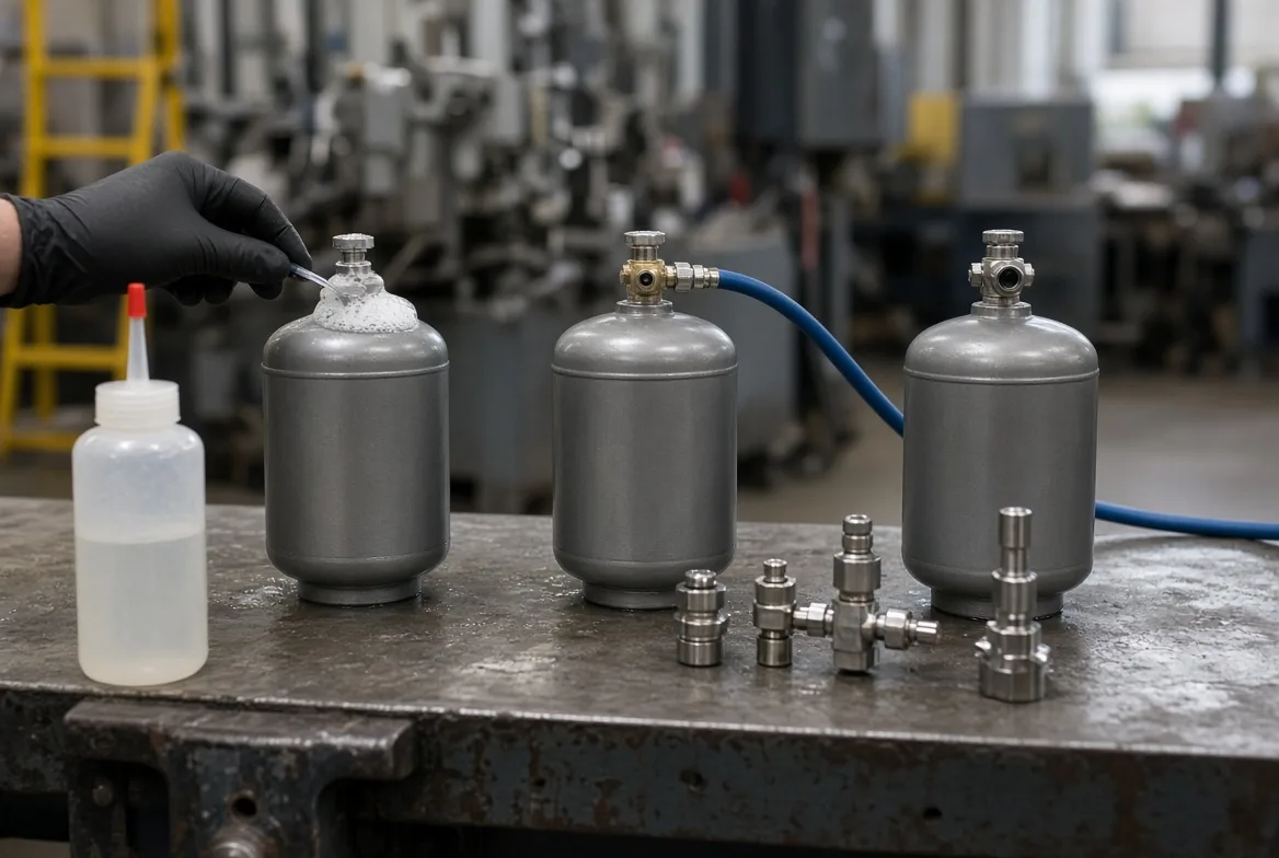 A gloved technician applying soap solution to the Schrader valve of an accumulator tank in a leak test, with more tanks and fittings alongside