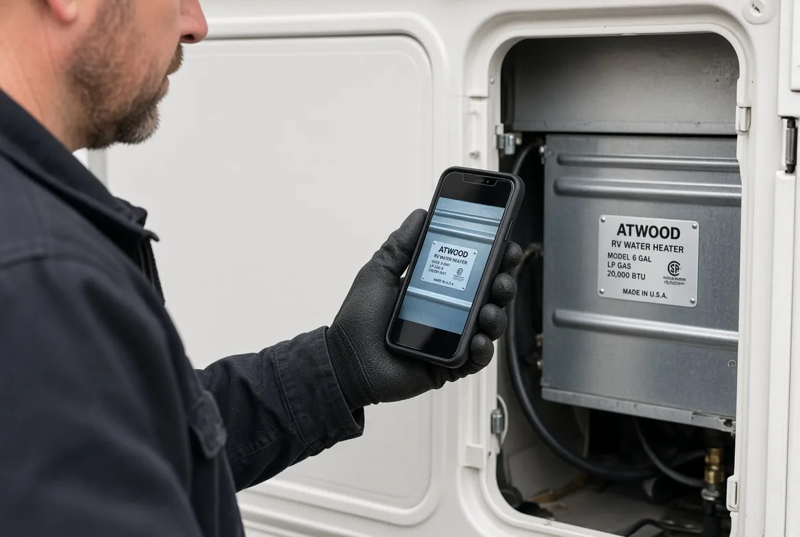 A technician photographing the Atwood water heater nameplate on a trailer sidewall to record the model before measuring the cutout