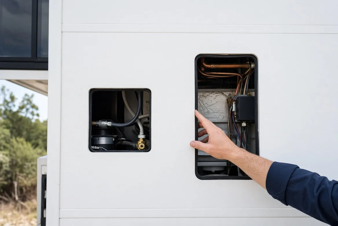 Two RV water heater openings side by side on a trailer: a square tank cutout beside a larger rectangular opening for classification