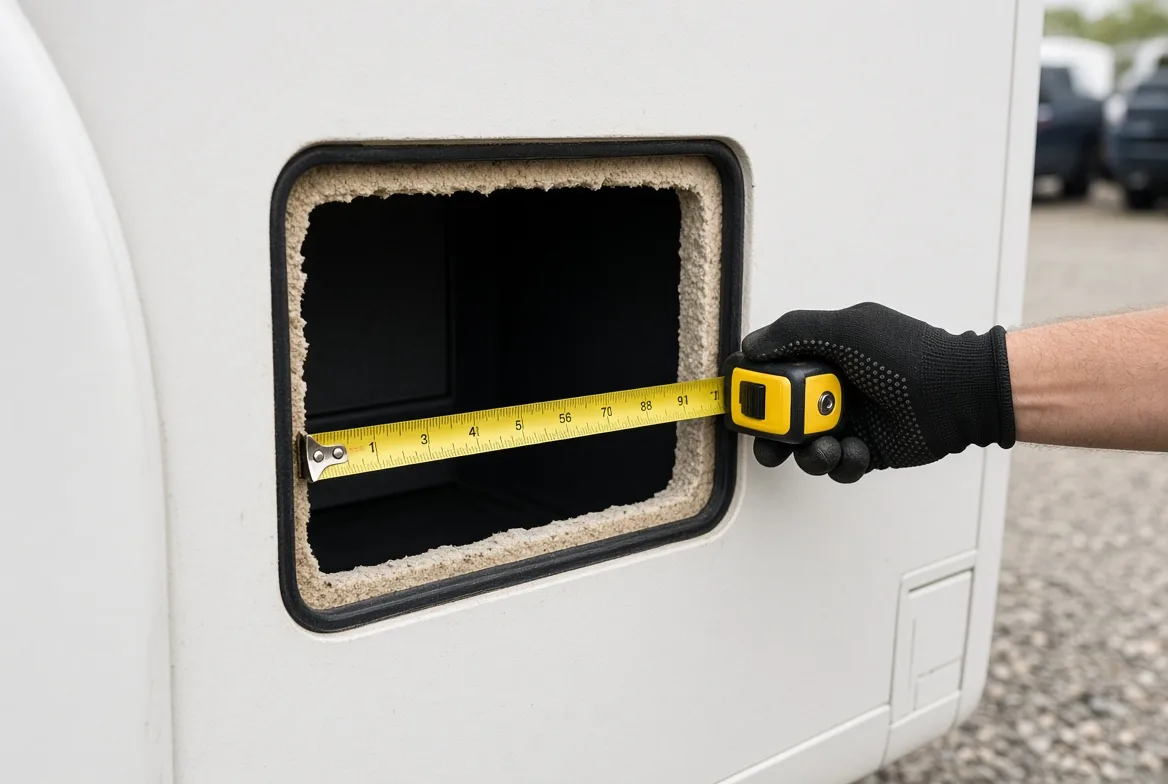 A steel tape measure stretched across the raw rough opening of an RV water heater cutout, measuring the true cut rather than the door flange