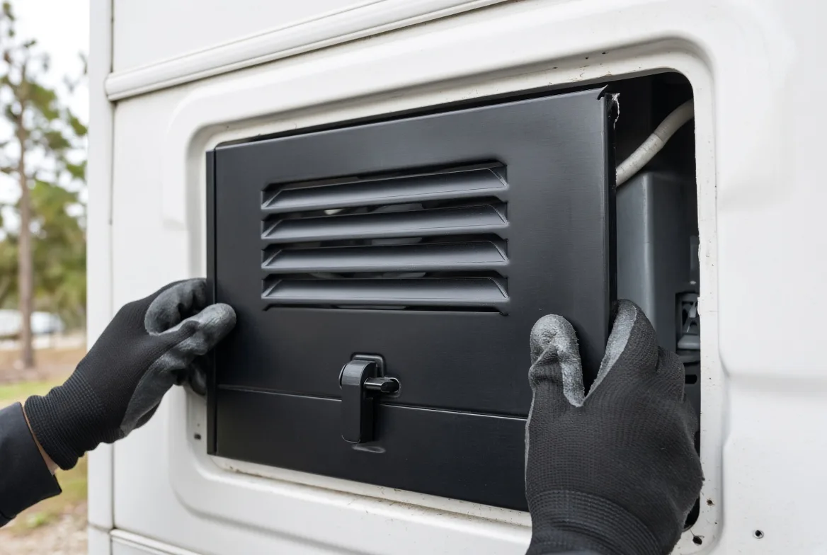 A dry-fit of a black vented heater door into a trailer sidewall opening during a direct-fit decision check