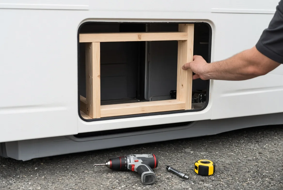 A worker fitting a continuous wooden backing frame around a framed-down RV water heater opening for a tankless retrofit