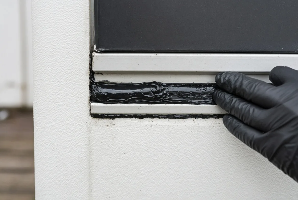 A gloved hand applying a continuous bead of butyl sealant along a heater mounting flange before fastening