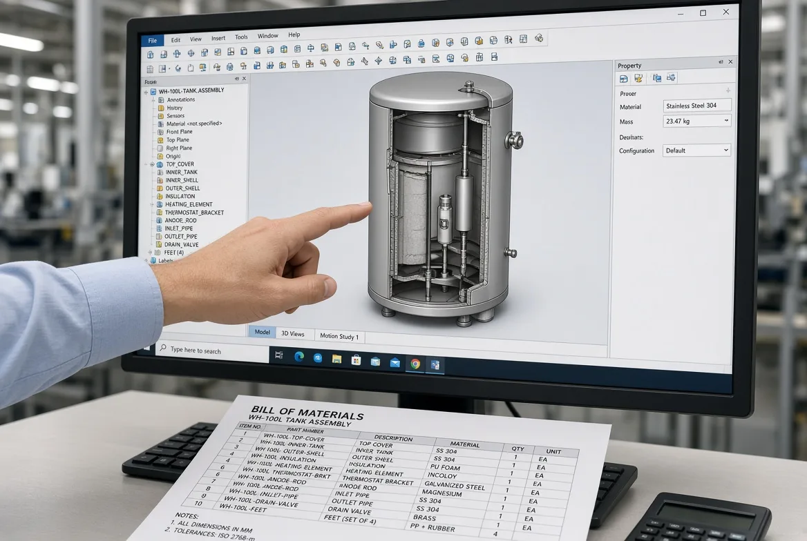 An engineer pointing at a 3D CAD assembly of an RV water heater tank on a monitor above a printed bill of materials