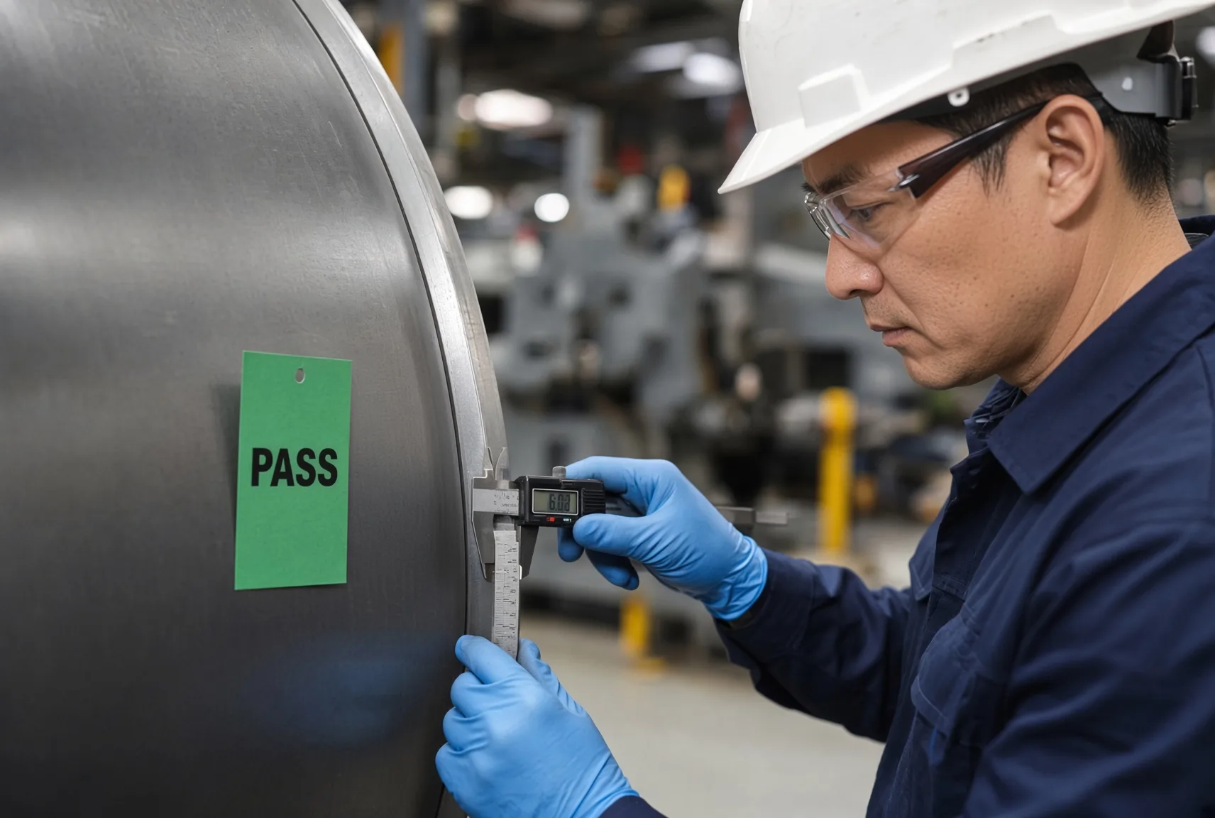 A worker in a hard hat measuring the thickness of a rolled steel tank shell with digital calipers beside a green PASS tag