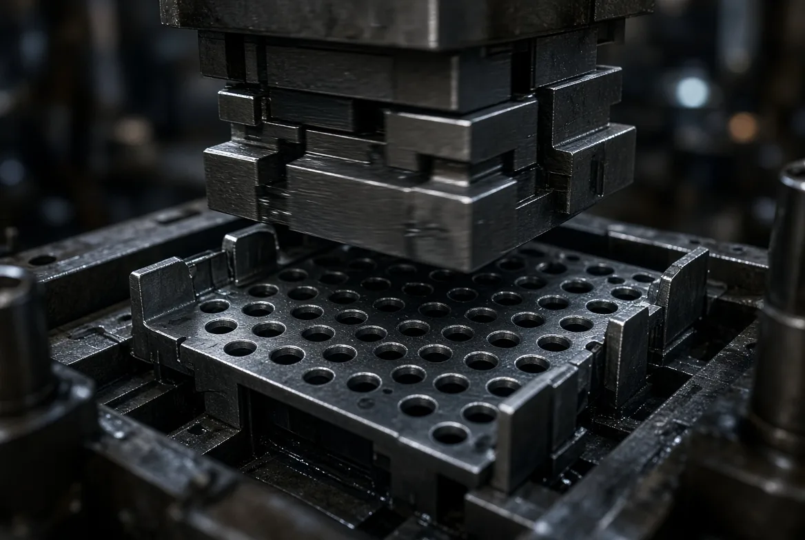A progressive stamping die closing on a perforated steel panel inside a press