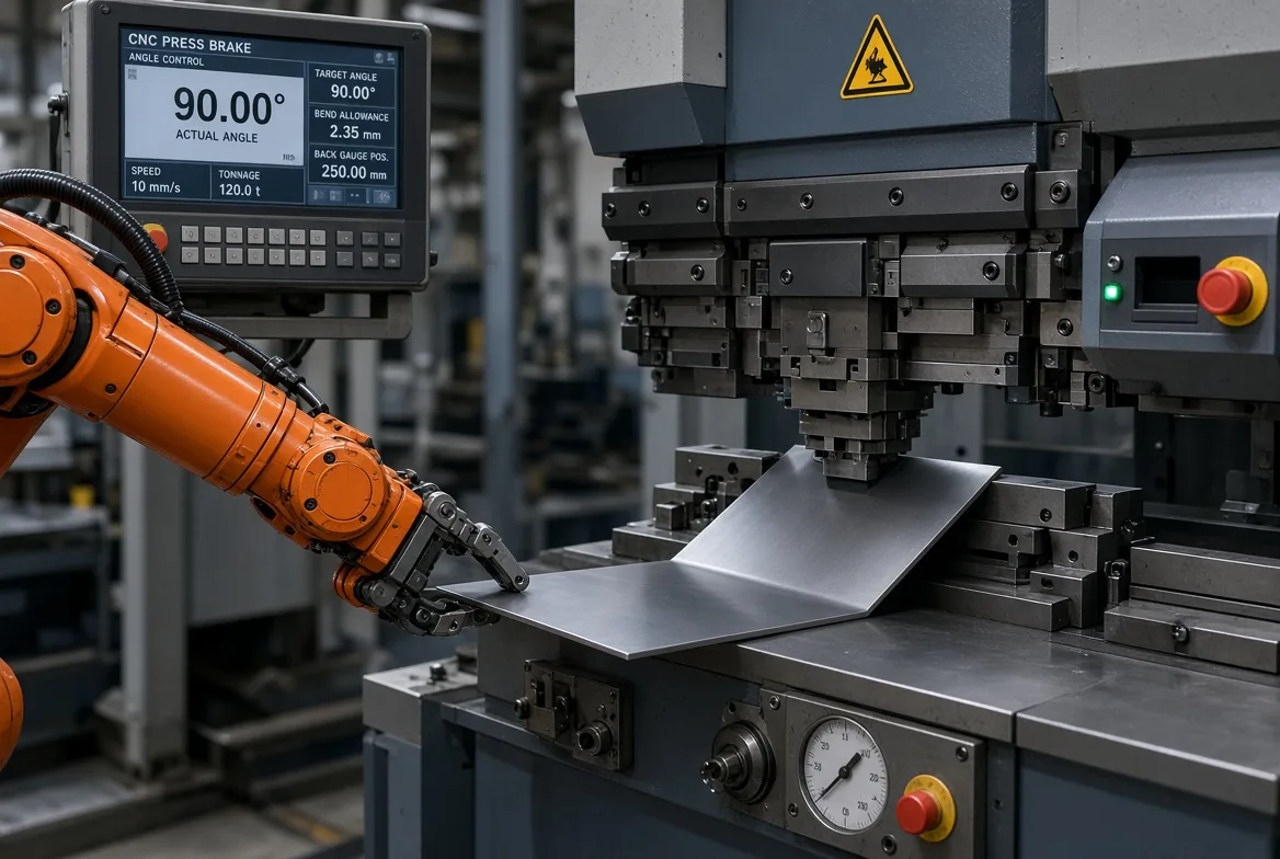 An orange robot arm feeding sheet metal into a CNC press brake bending a panel to 90 degrees