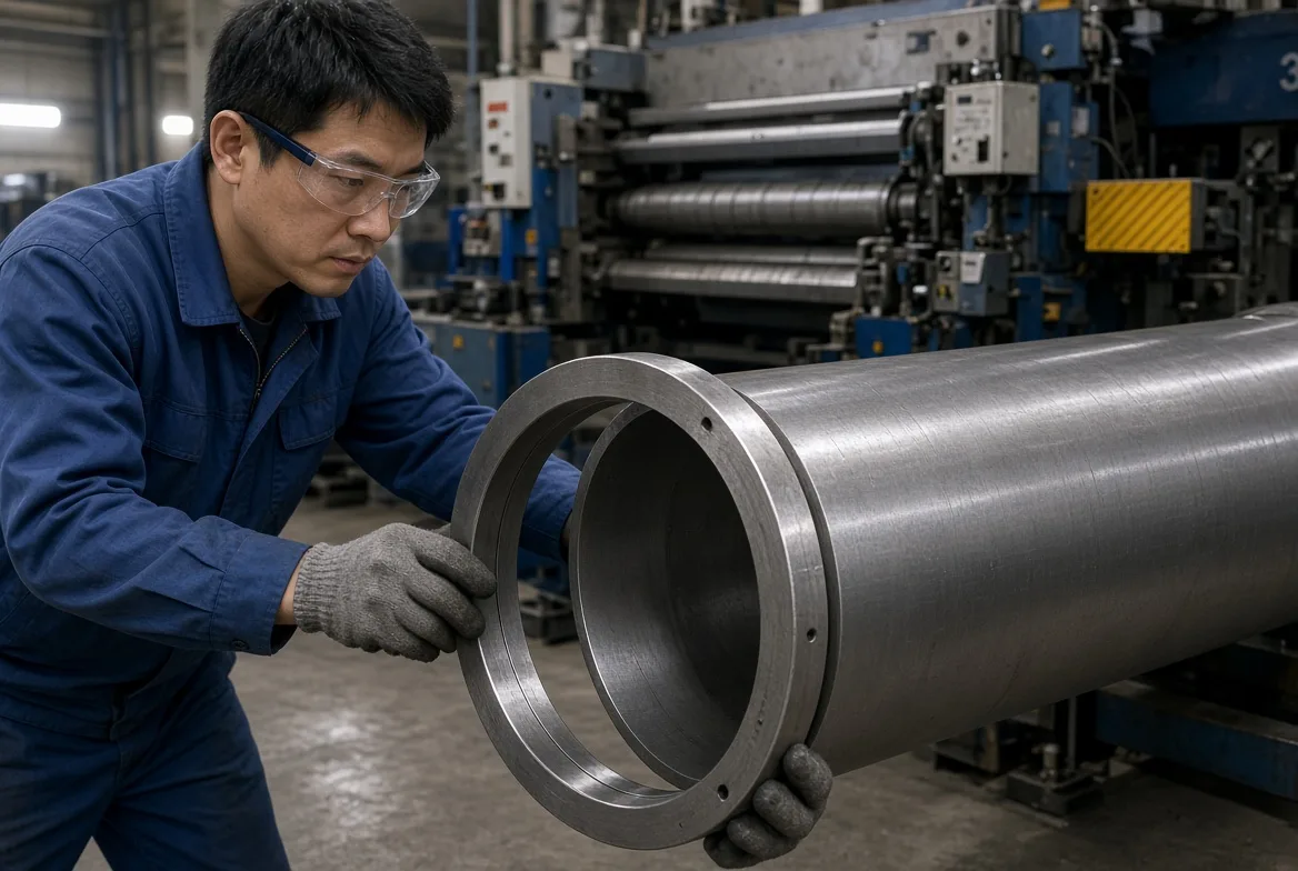 An operator fitting a machined ring to the end of a rolled steel tank cylinder on a three-roll bender