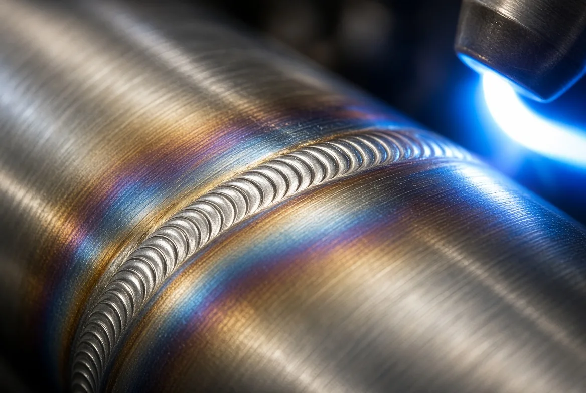 A close view of a TIG weld bead with heat-tint colors running along a steel tank cylinder