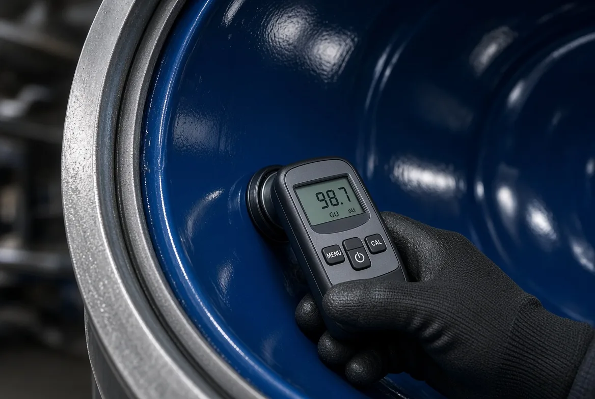 A gloss meter reading 98.7 GU against the blue glass-lined interior of a fired steel tank
