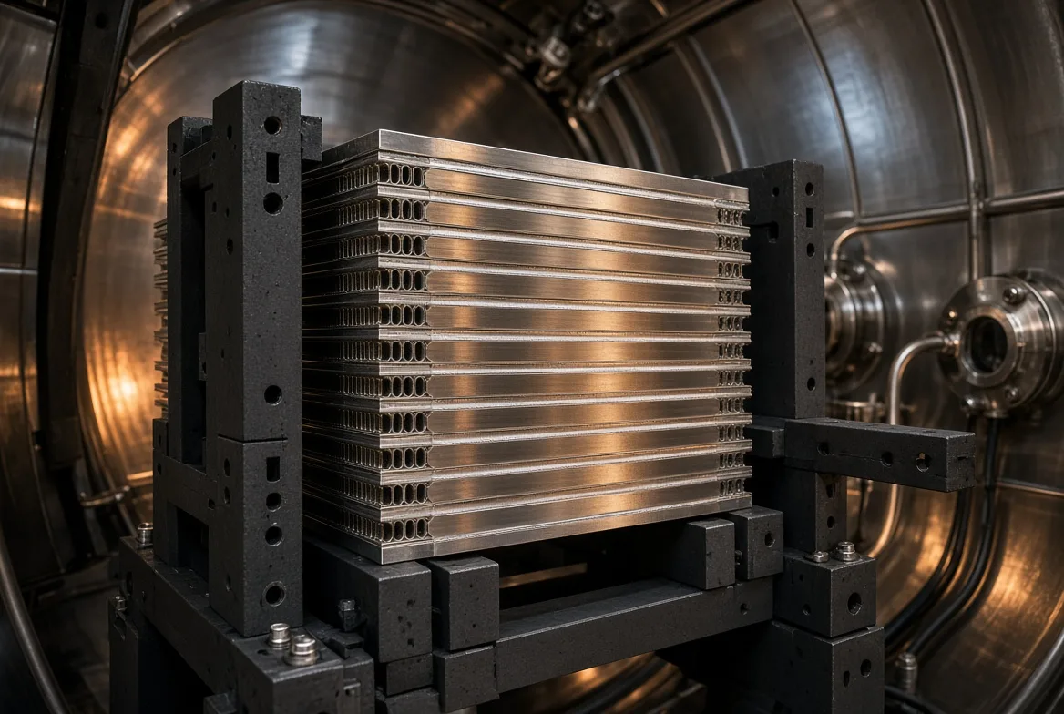 A brazed plate-and-fin heat exchanger stack clamped in a graphite fixture inside a vacuum furnace chamber