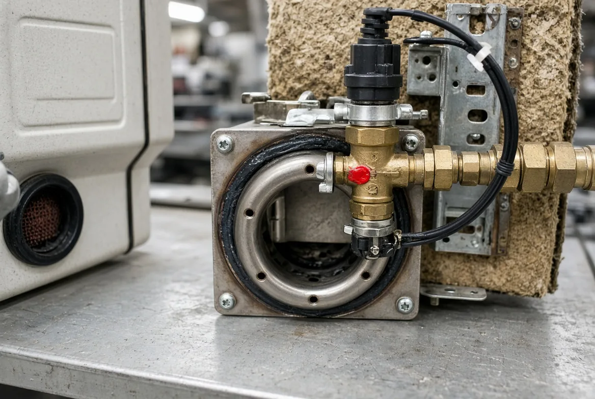 A brass gas valve with a red test cap mounted on a burner plate beside rock-wool insulation on a bench