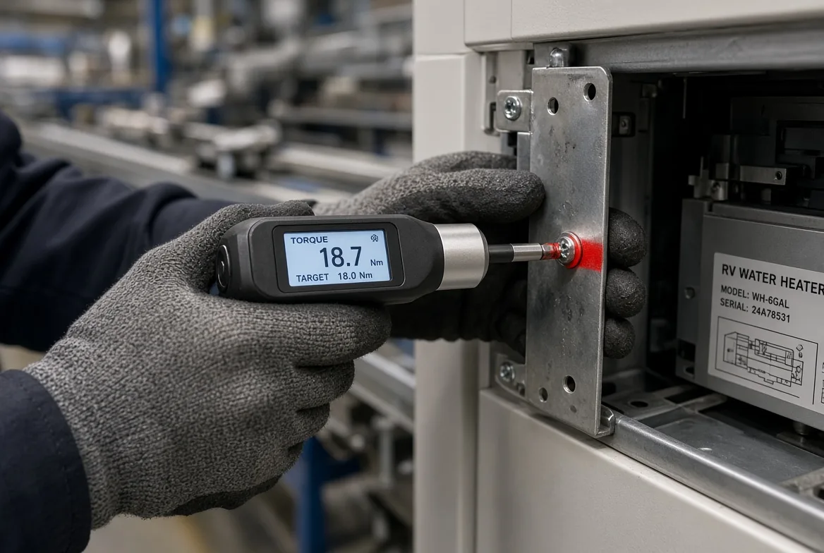 A torque wrench reading 18.7 Nm on a painted bolt as an RV water heater is assembled into its shell