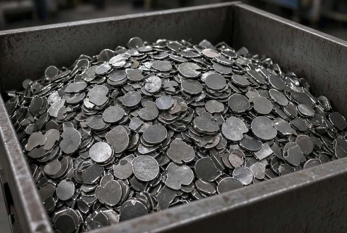 A bin of freshly stamped flat blanks still joined by their carrier strip after a progressive die pass