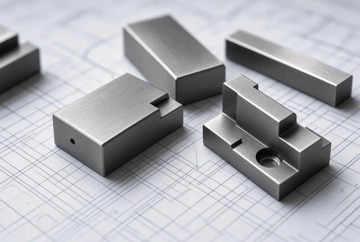 Precision-machined die inserts and blocks laid out on a strip-layout drawing on a drafting table