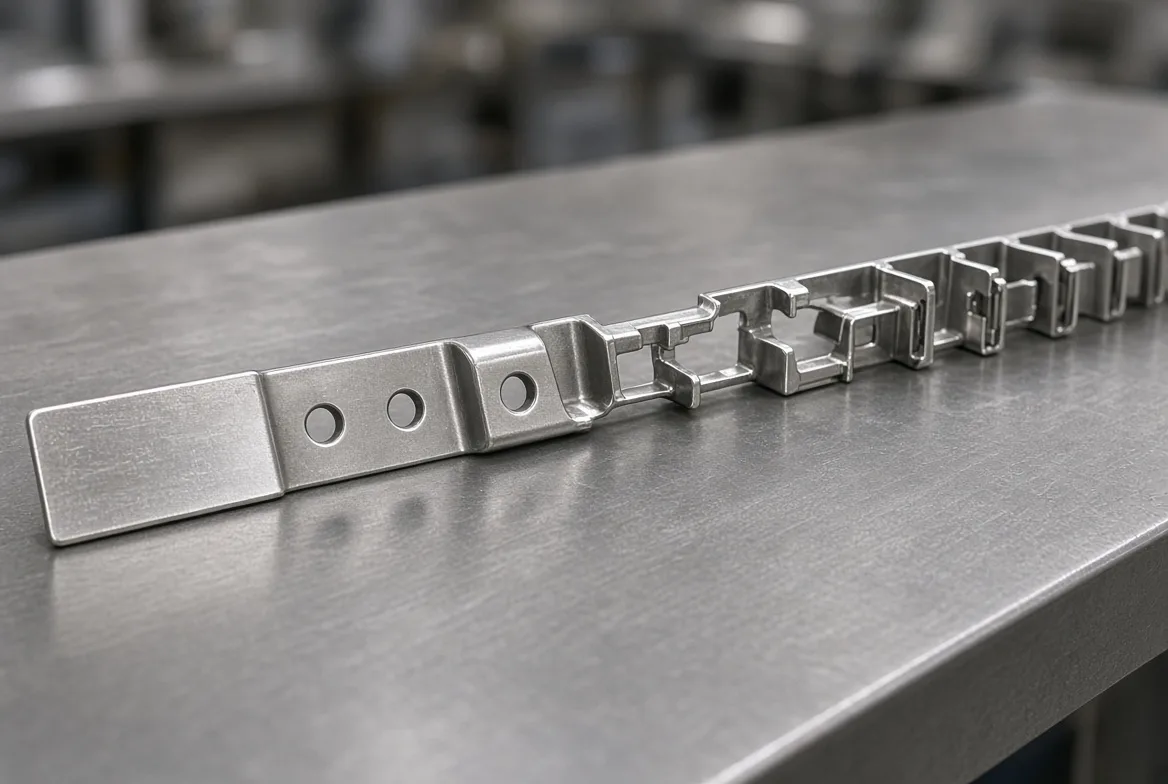 A stamped carrier strip with pierced holes and formed features emerging from a press, viewed on a machine table