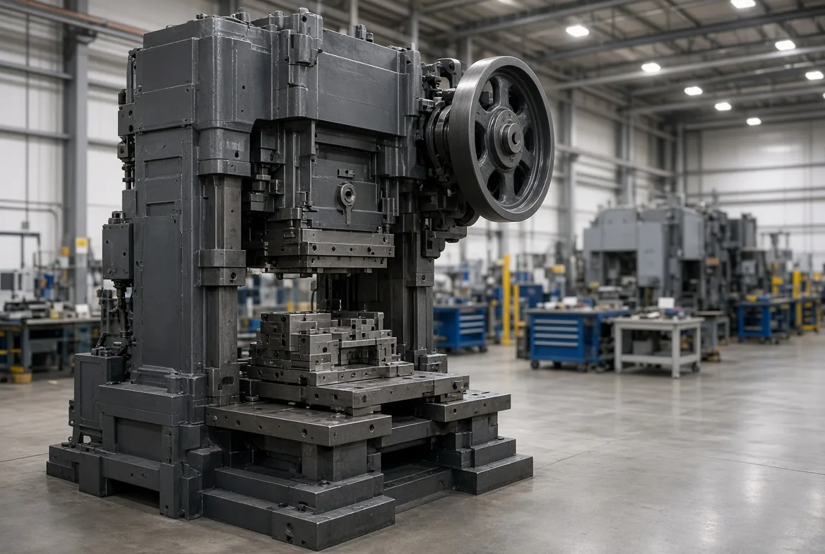 A heavy mechanical stamping press with its die set mounted, standing in an industrial plant