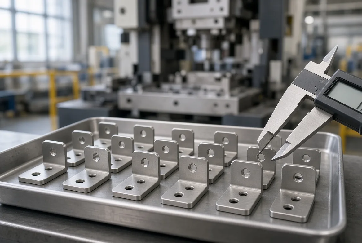 A tray of finished stamped steel brackets beside a digital caliper checking hole position
