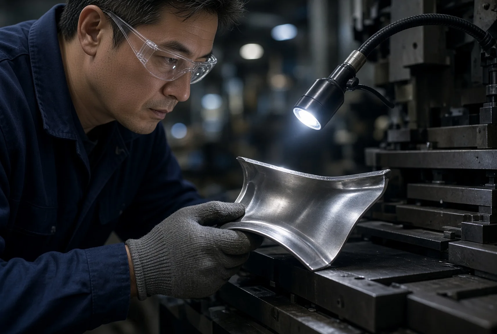 An inspector holding a formed sheet steel panel under a work light to check for cracks and springback