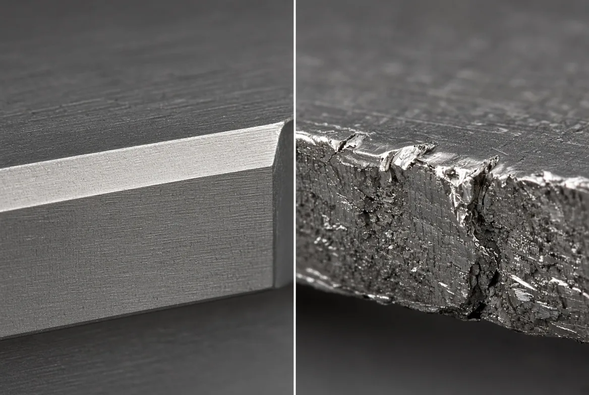 A split-frame comparison of a clean sheared metal edge beside a ragged burred edge from a worn die