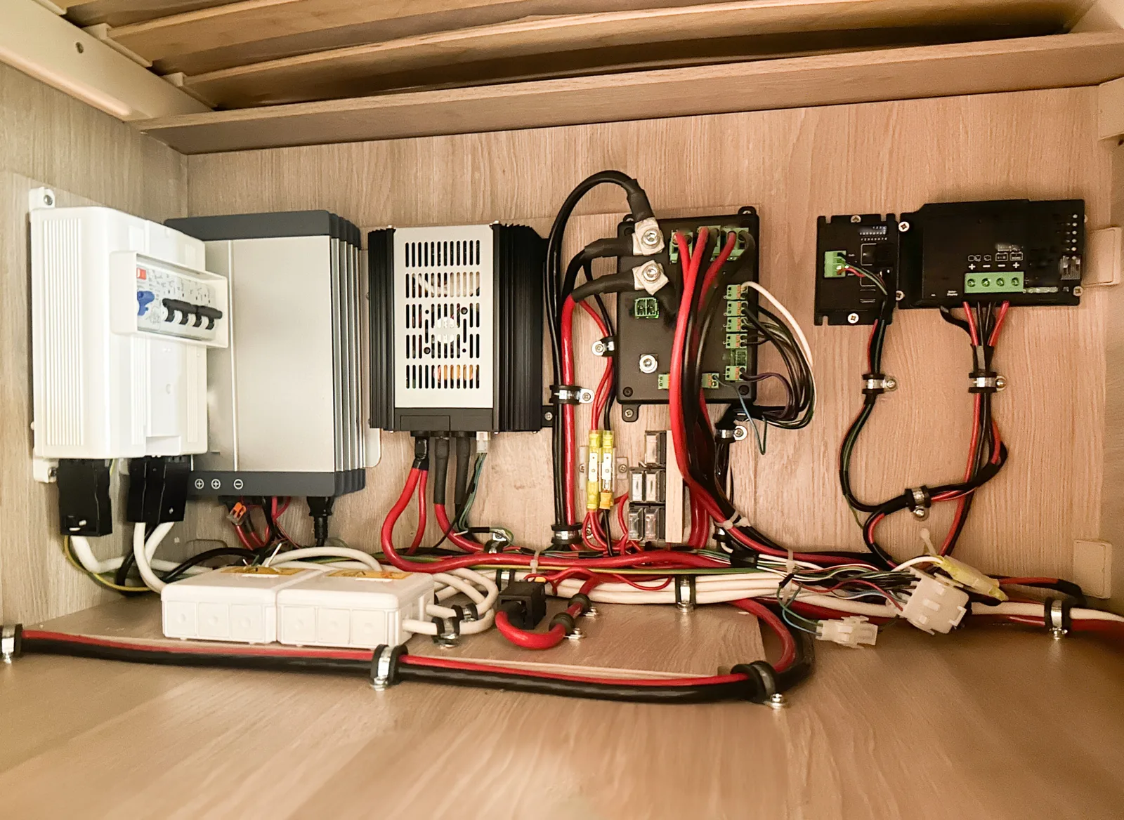 An RV electrical control cabinet wired with charge controllers, fuses and a shunt, the control hardware an audit has to trace