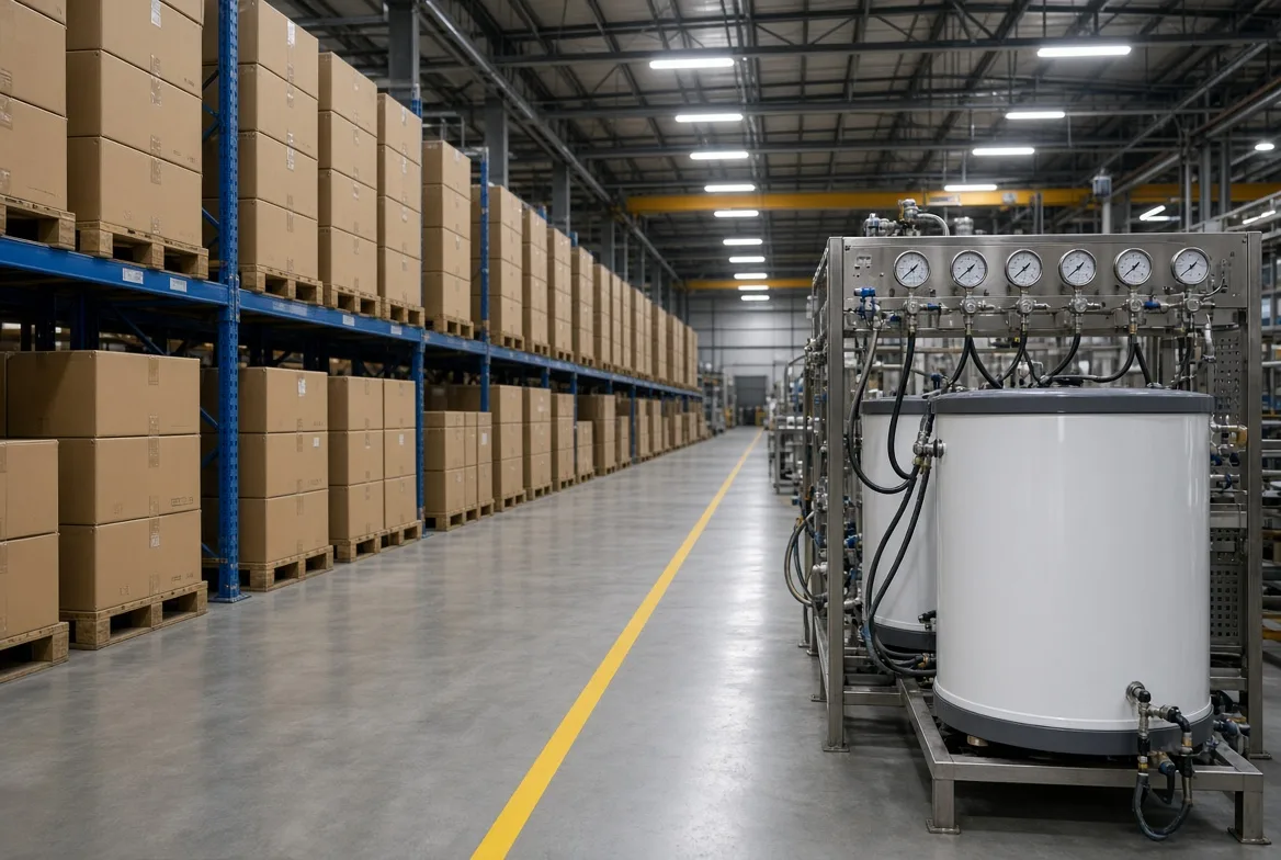 Palletised cartons on warehouse racking beside a pressure-test rig with gauges and hose lines in an RV appliance plant