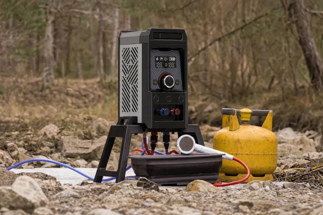 Gulfstone camping gas water heater on a stand beside a propane bottle on a creek bed, with the hose and shower head lying in a basin