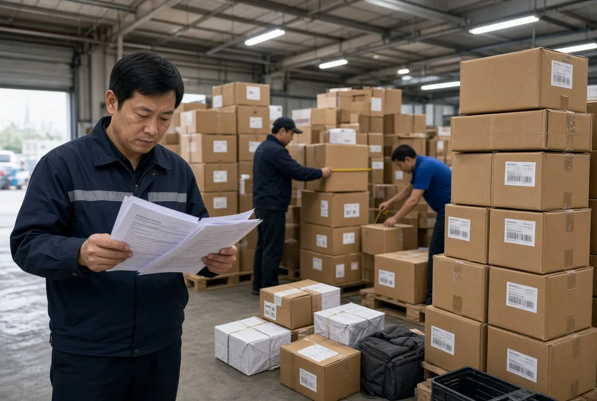 A warehouse supervisor reading a thick stack of shipping documents beside pallets of labelled cartons