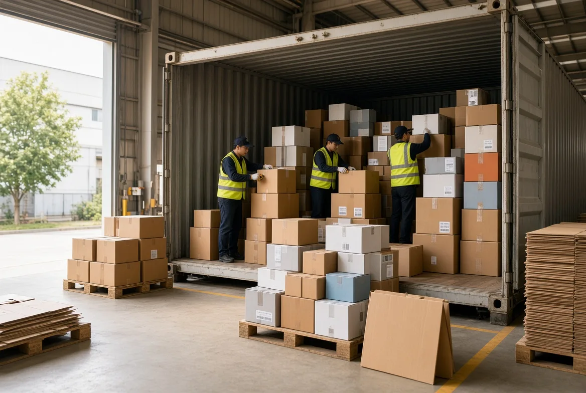 Workers in high-visibility vests stacking mixed cartons into an open shipping container at a warehouse loading bay